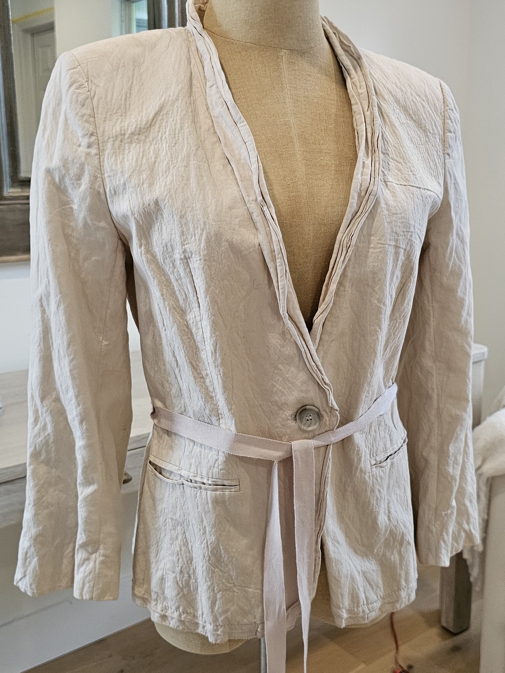 Loft Women's Beige  Single-Button Tie Belt Long Sleeve Cotton Blazer  Jacket 6
